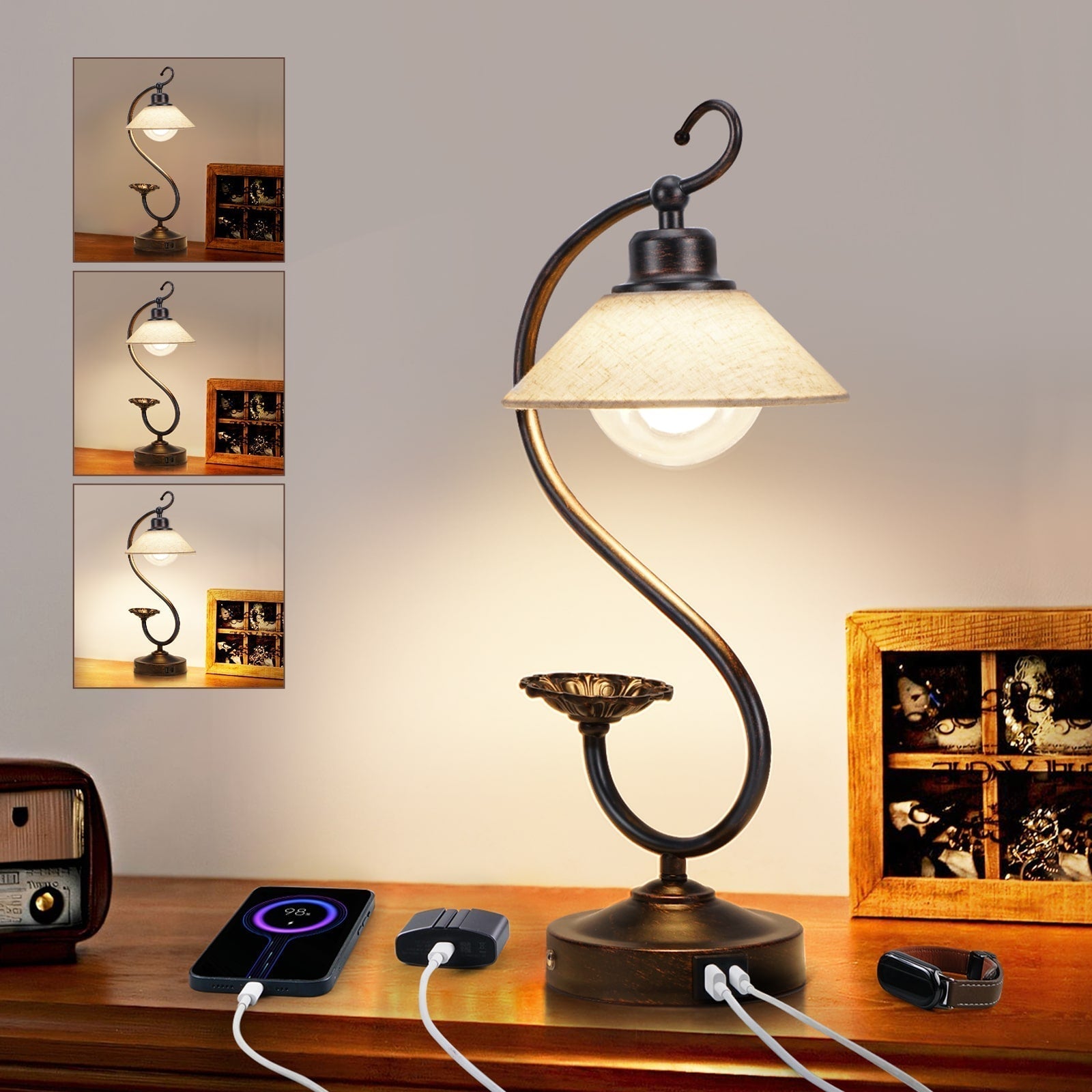 Vintage Dimmbare Tischlampe mit USB-Ladeanschluss und Floralen Akzenten-4