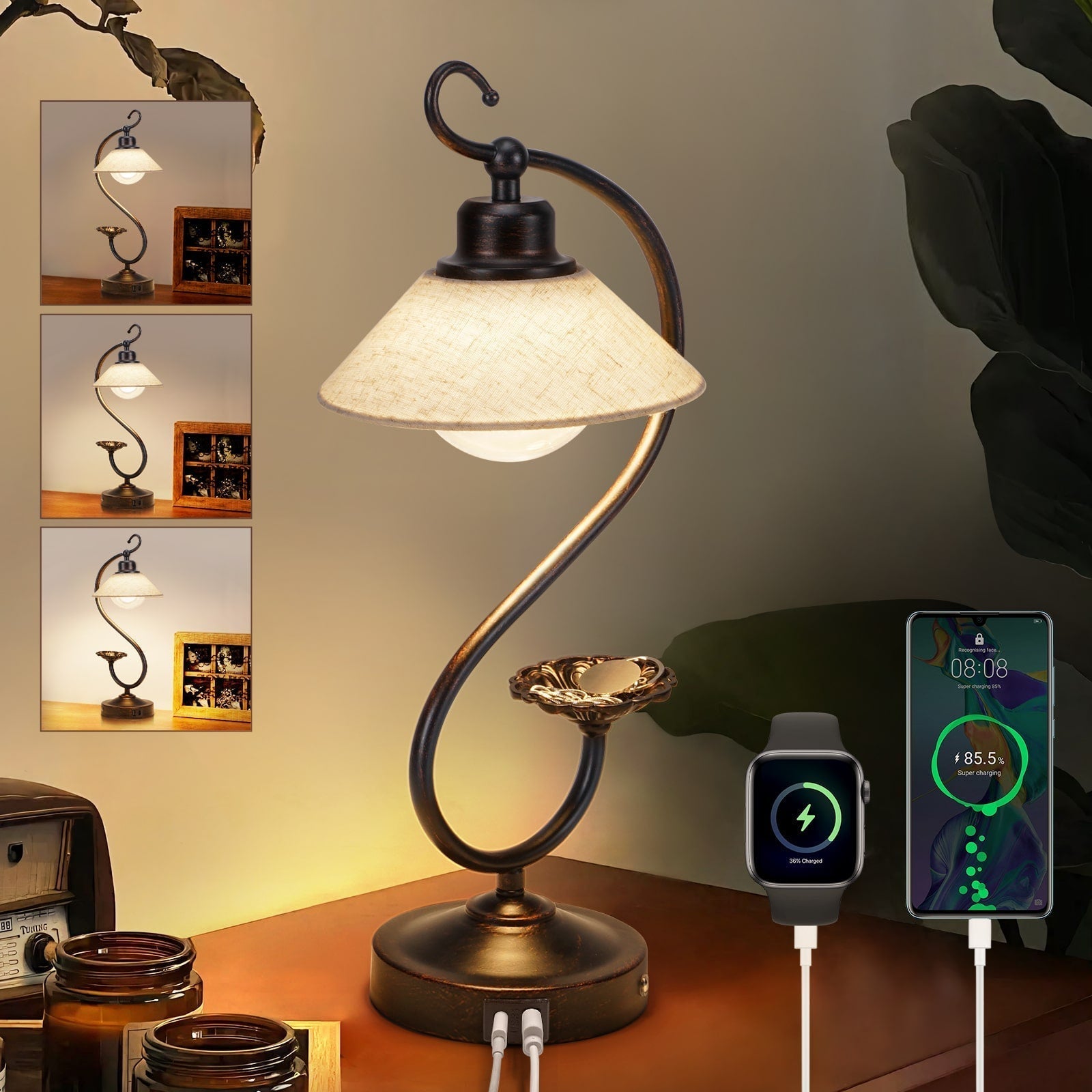 Vintage Dimmbare Tischlampe mit USB-Ladeanschluss und Floralen Akzenten-3