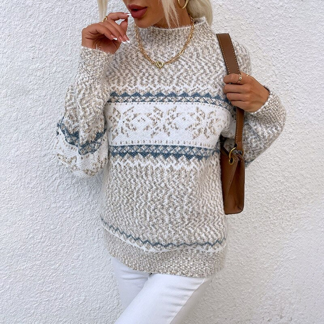 Damenpullover im Vintage-Stil mit halbhohem Kragen und Reliefmuster