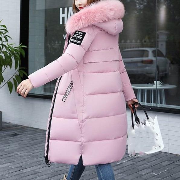 Warme, lange Damen-Winterjacke mit Fellkapuze