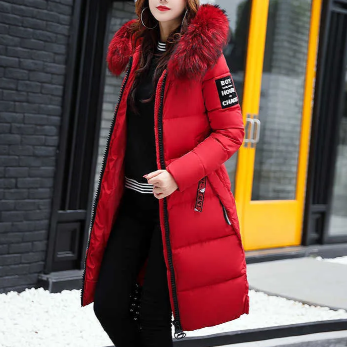 Warme, lange Damen-Winterjacke mit Fellkapuze