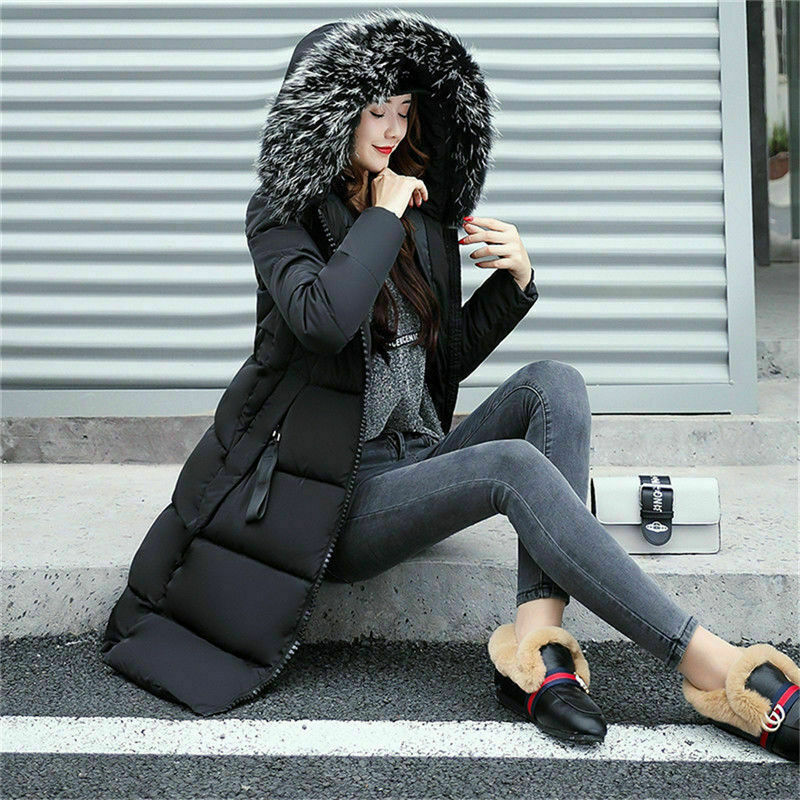 Warme, lange Damen-Winterjacke mit Fellkapuze