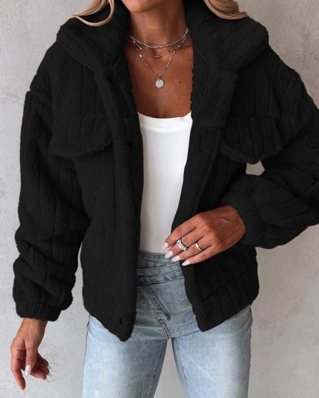 Damen Teddyjacke mit Knopfleiste und Brusttaschen