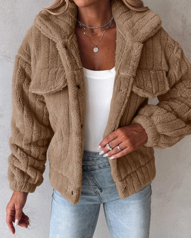 Damen Teddyjacke mit Knopfleiste und Brusttaschen