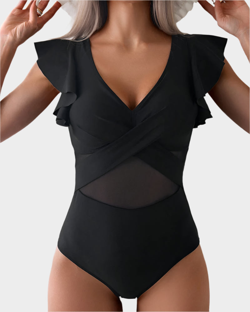 Badeanzug bikini satz mit V-ausschnitt und rüschendetail für frauen