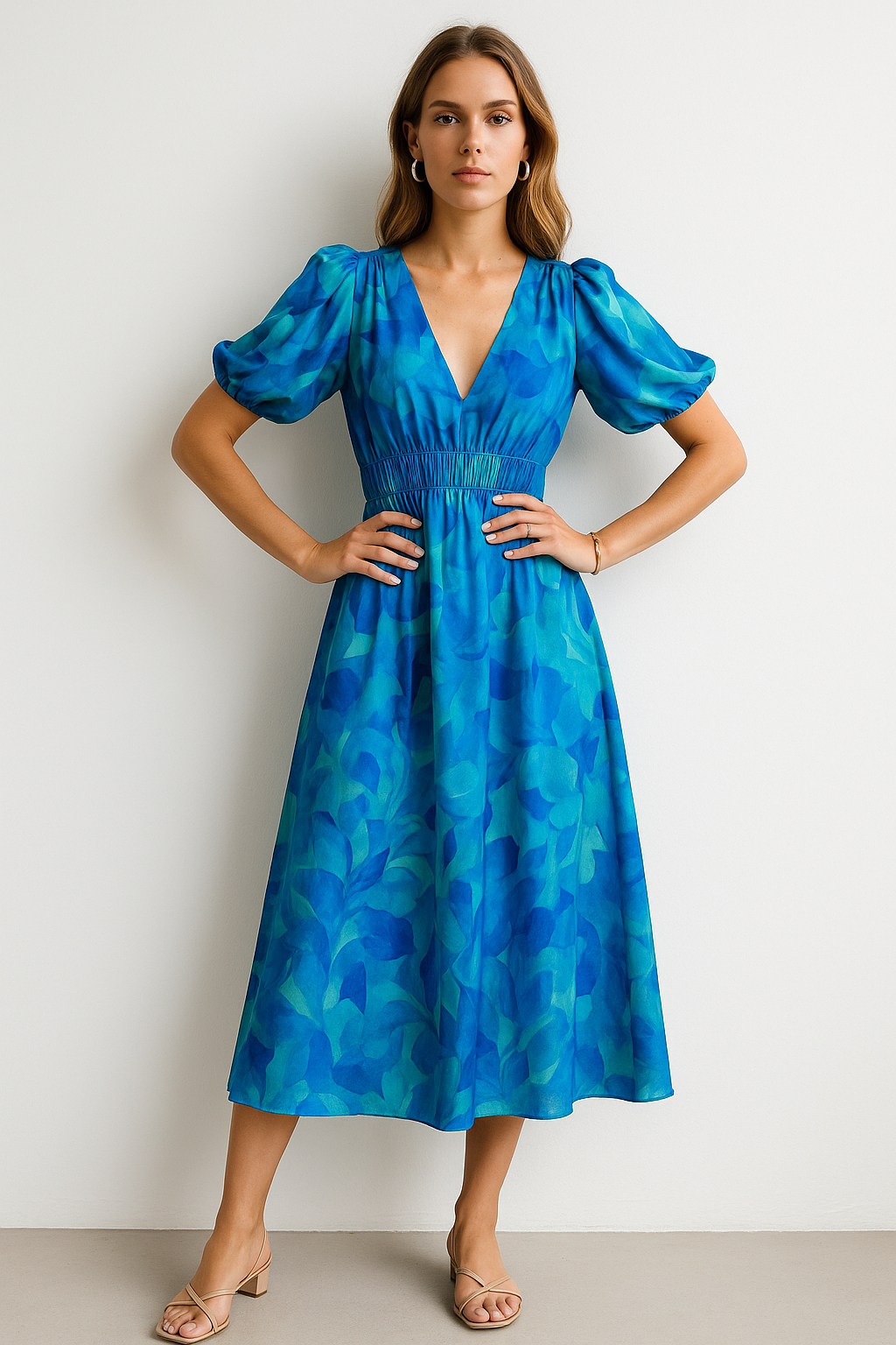 Abstraktes maxi-kleid mit puffärmeln für damen