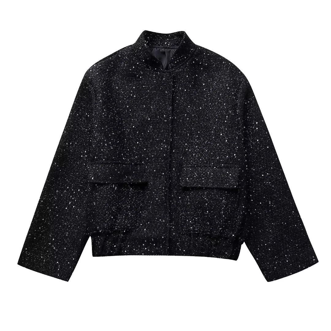 Glänzende Damen Blousonjacke mit Pattentaschen