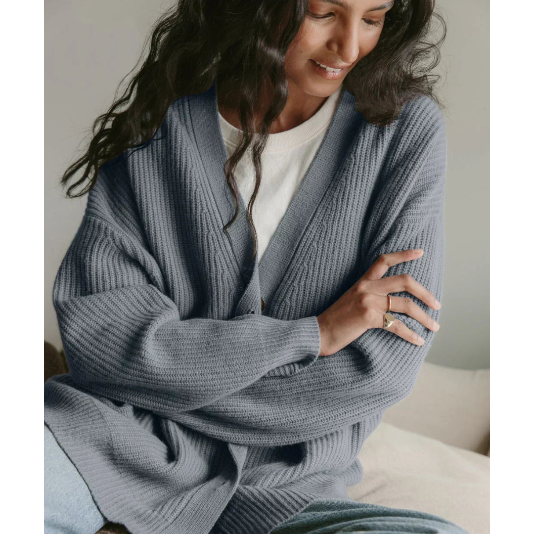 Damen Strickjacke lang für Winter mit V-Ausschnitt und gestreiften Ärmeln
