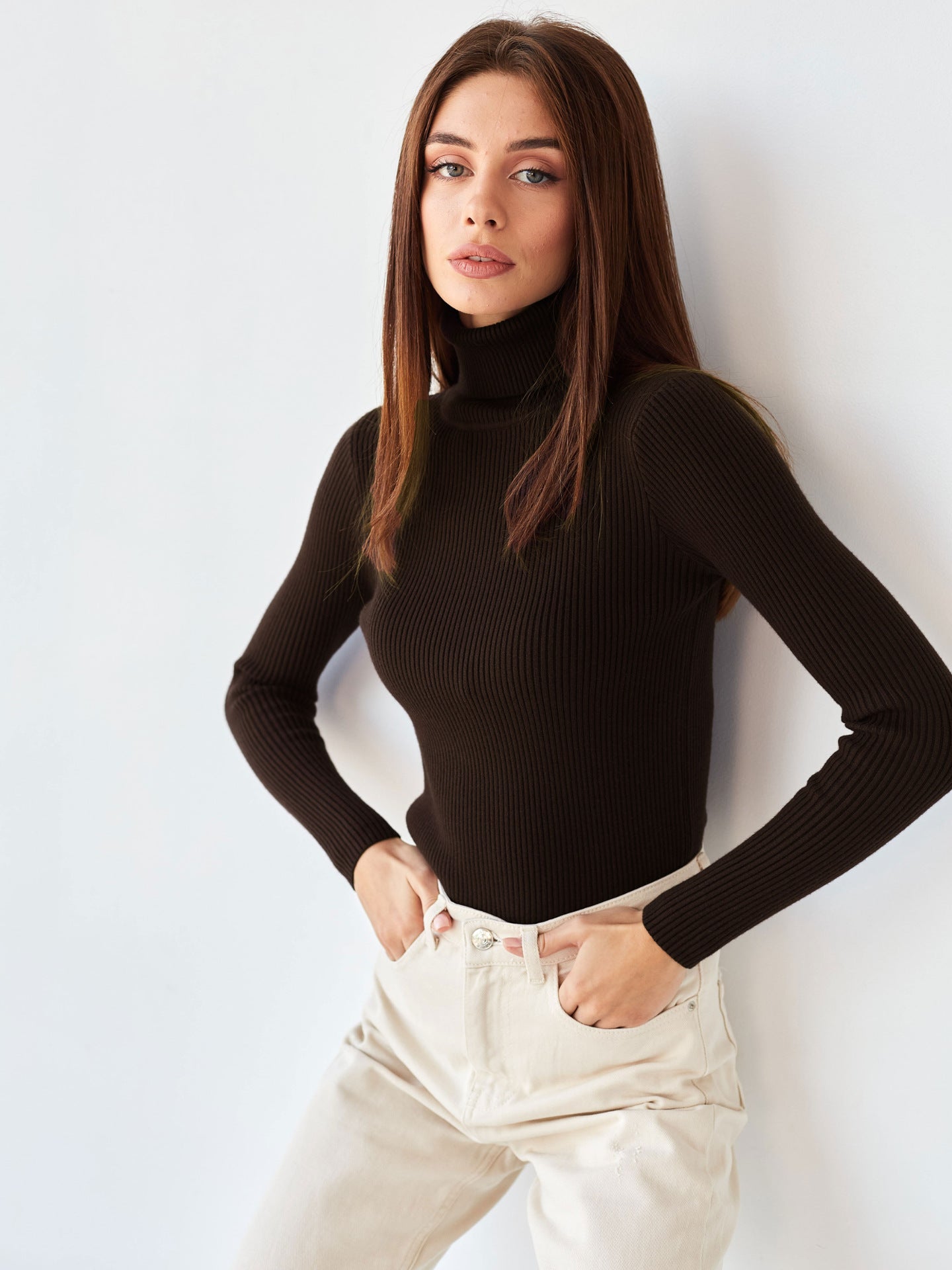 Klassischer Damen Pullover mit hohem Halsausschnitt und langen Ärmeln