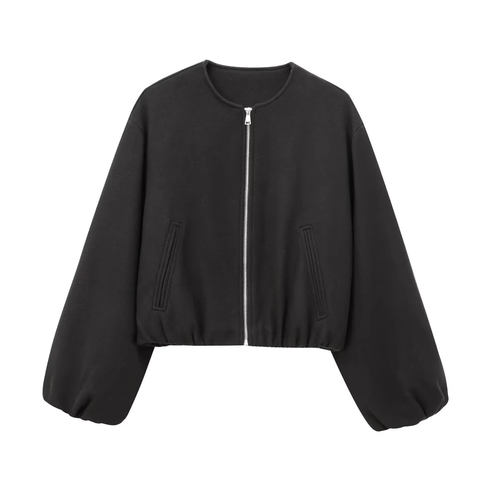Kurze Damenjacke mit Ballonärmeln und Reißverschluss