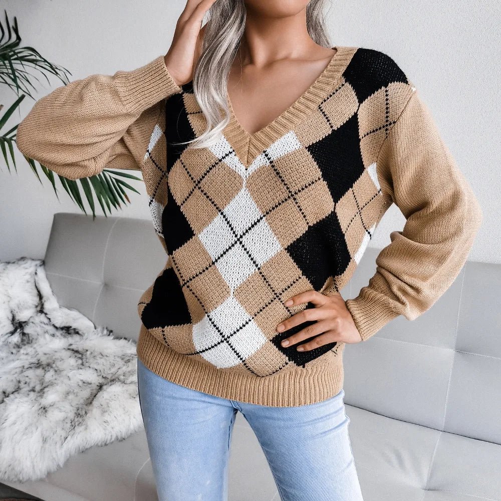 Argyle Pullover für Damen mit V-Ausschnitt und langen Ärmeln