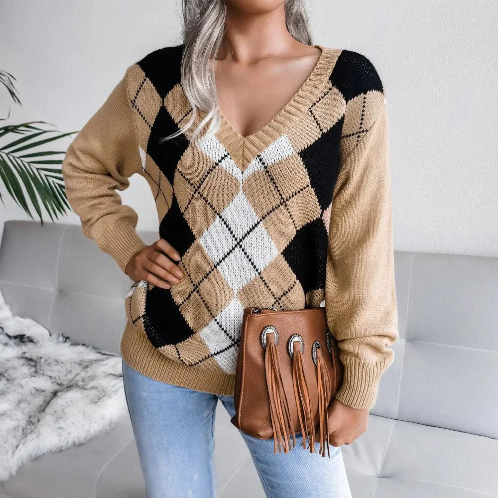Argyle Pullover für Damen mit V-Ausschnitt und langen Ärmeln