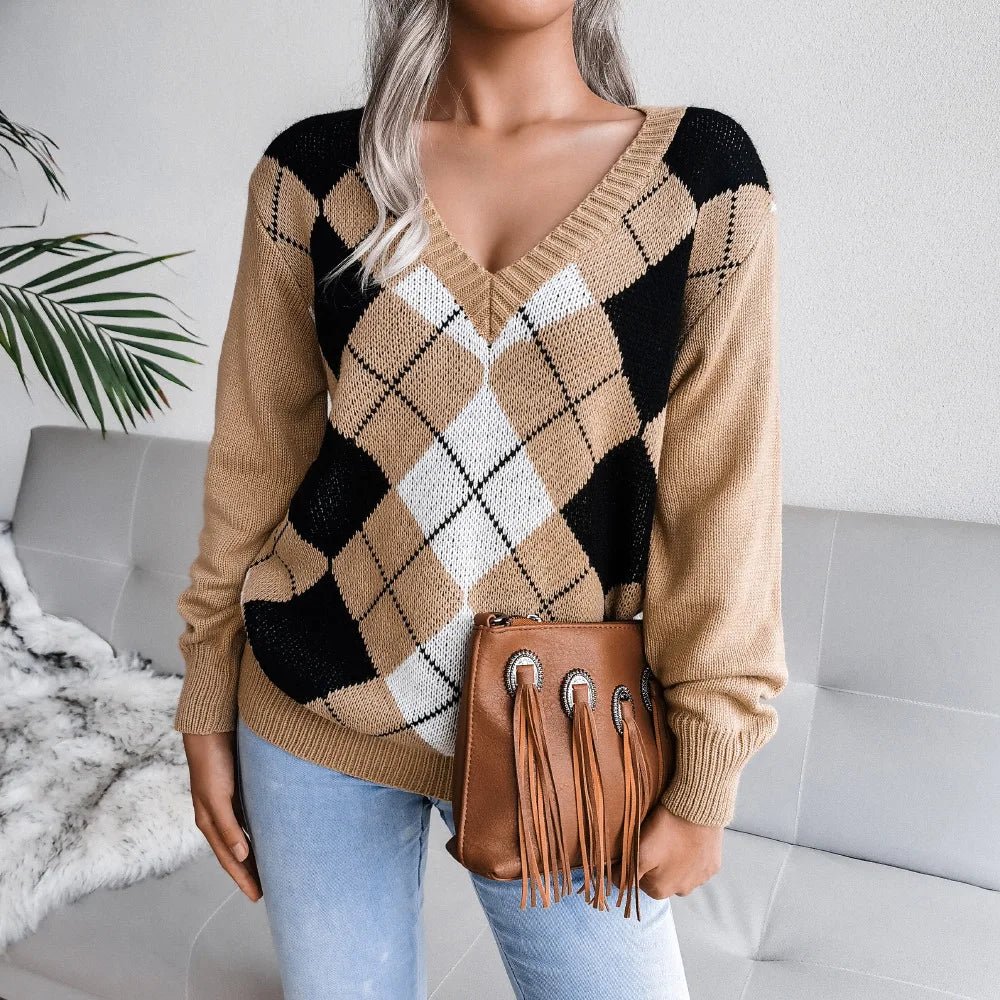 Argyle Pullover für Damen mit V-Ausschnitt und langen Ärmeln
