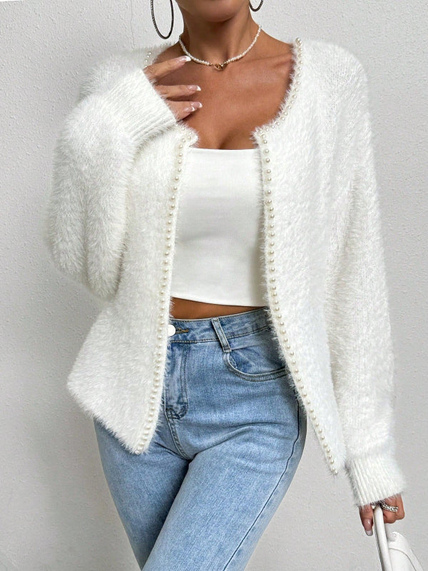 Damen Strickjacke mit Perlenbesatz V-Ausschnitt und hüftlangem Schnitt