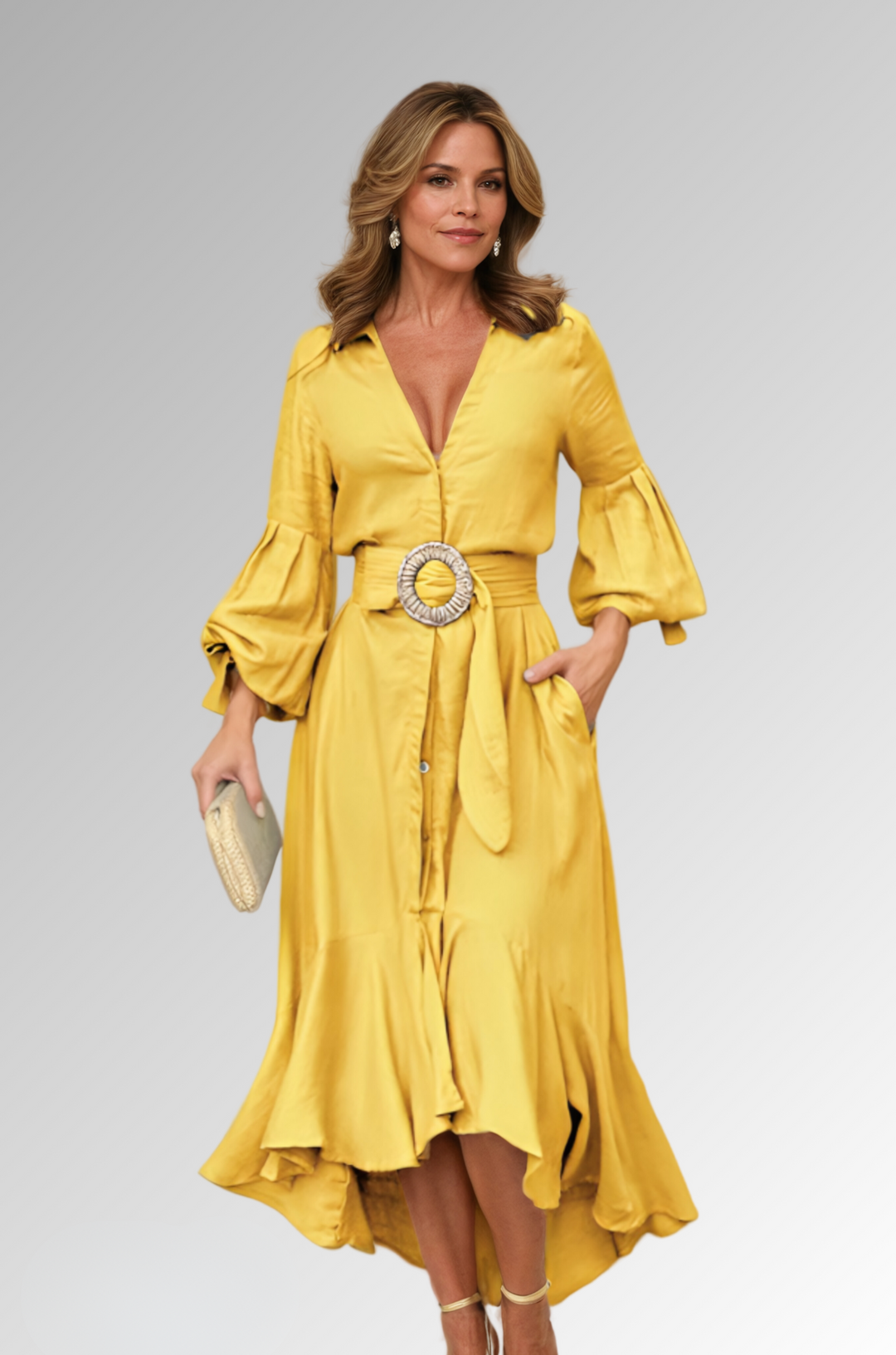 Damen Midi-Kleid mit Puffärmeln und V-Ausschnitt