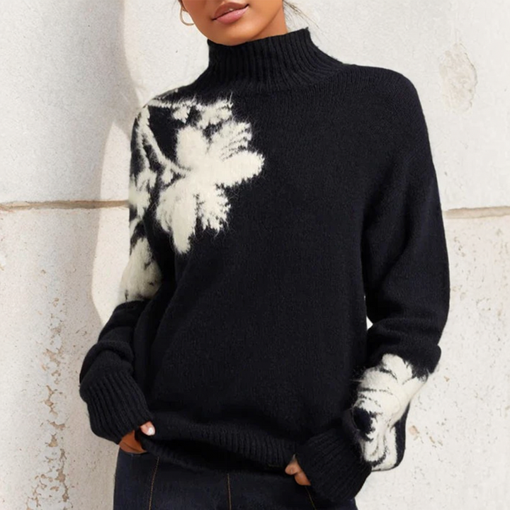 Damen Rollkragenpullover mit großflächigem Blütenmotiv