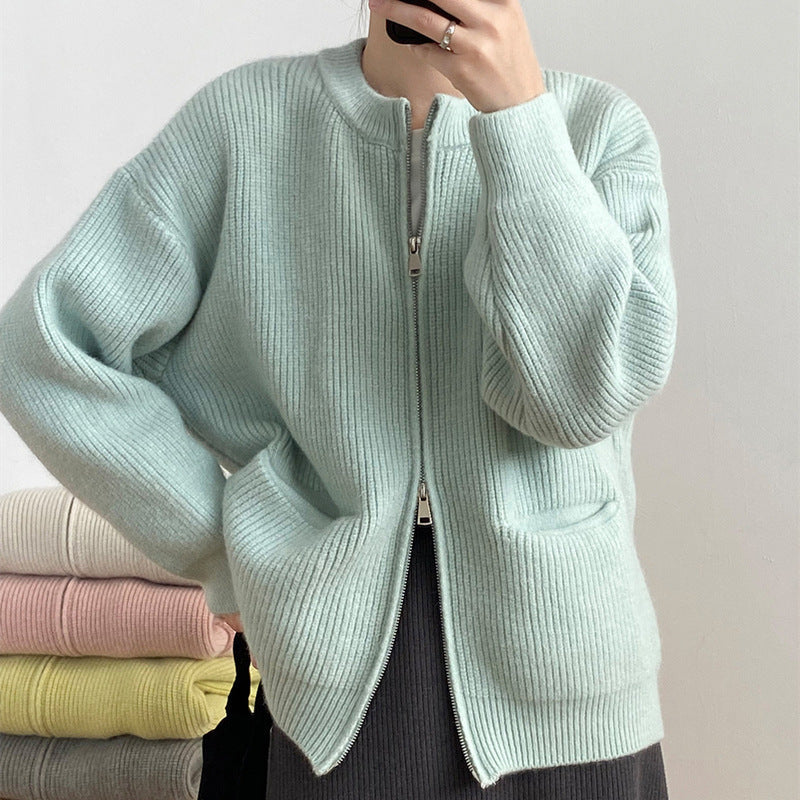Oversized Strickjacke für Damen mit doppeltem Reißverschluss und Rundhalsausschnitt