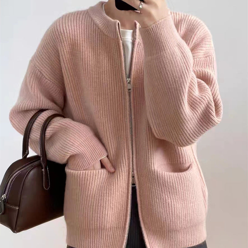 Oversized Strickjacke für Damen mit doppeltem Reißverschluss und Rundhalsausschnitt