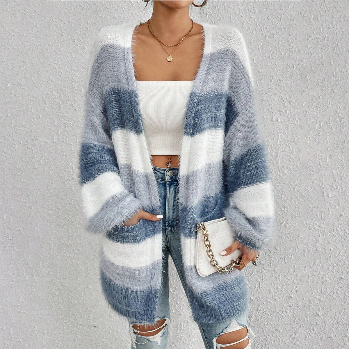 Oversized Strickjacke für Damen mit Streifenmuster und offener Vorderseite