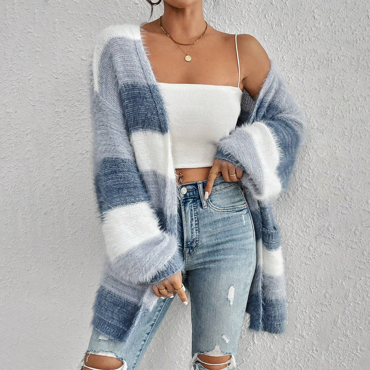 Oversized Strickjacke für Damen mit Streifenmuster und offener Vorderseite