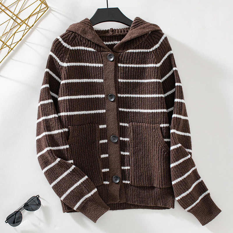 Damen Strickjacke mit Kapuze Streifenmuster und Knopfleiste