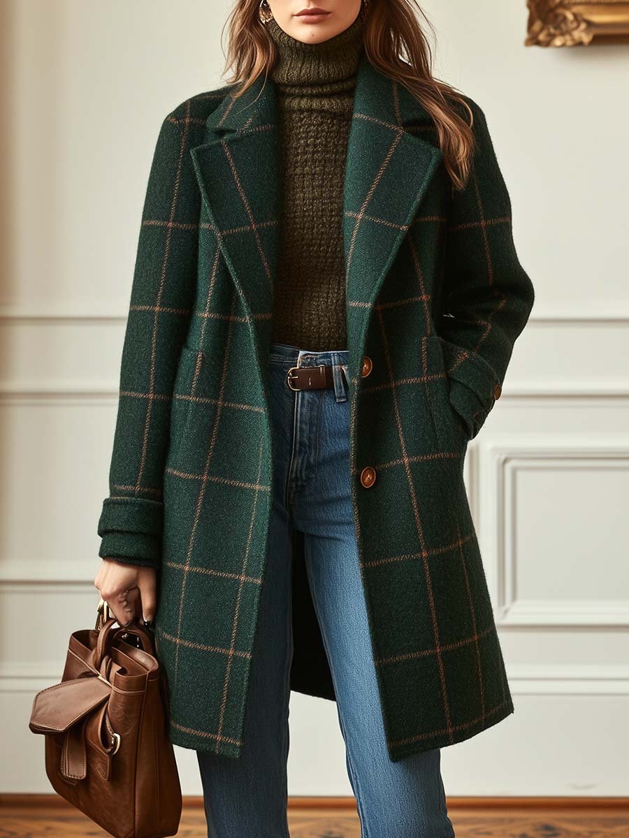 Damen Wintermantel Tweed mit Karomuster und Retro-Revers