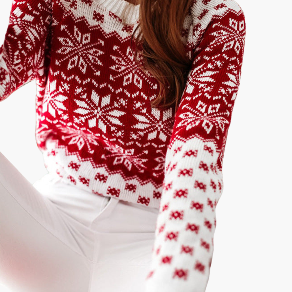 Damen-Weihnachtspullover mit Schneeflockenmotiv und Rippbündchen 1
