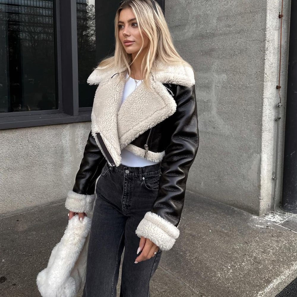 Damen Winterjacke mit Revers, kurzer Länge und langen Ärmeln