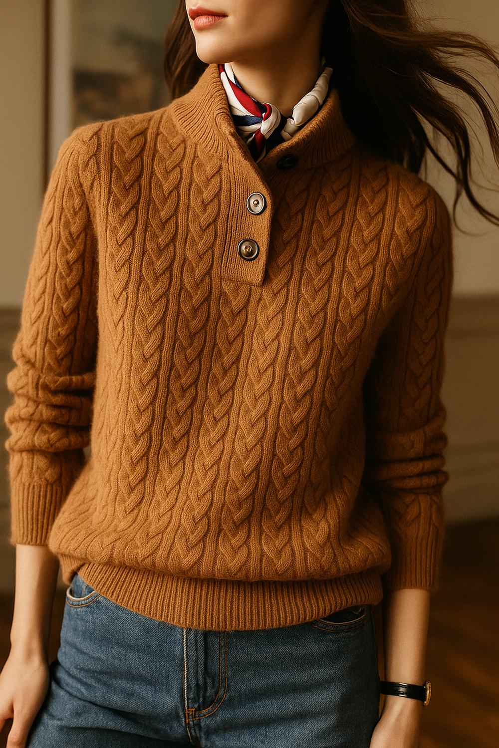 Damen-Zopfstrickpullover mit Knopfleiste 1