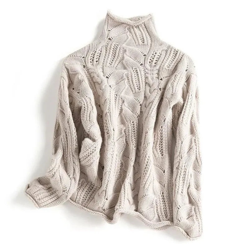 Damenpullover mit hohem Halsausschnitt und offenem Strickmuster