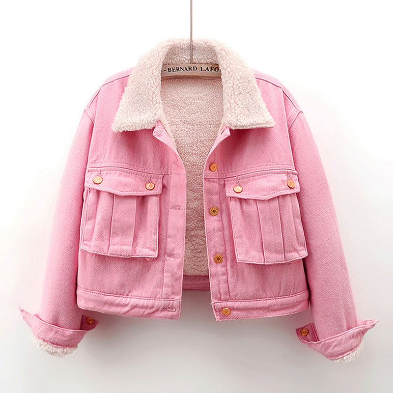 Damen Jeansjacke mit Lammfellfutter und kurzer Länge