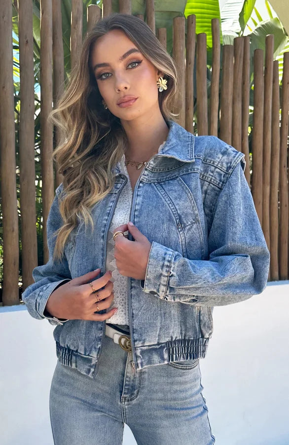 Damen Jeansjacke mit Reißverschluss und Seitentaschen