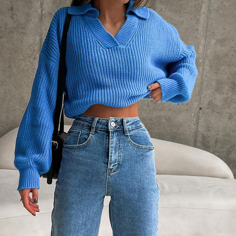 Damen Strickpullover mit Kragen und V-Ausschnitt