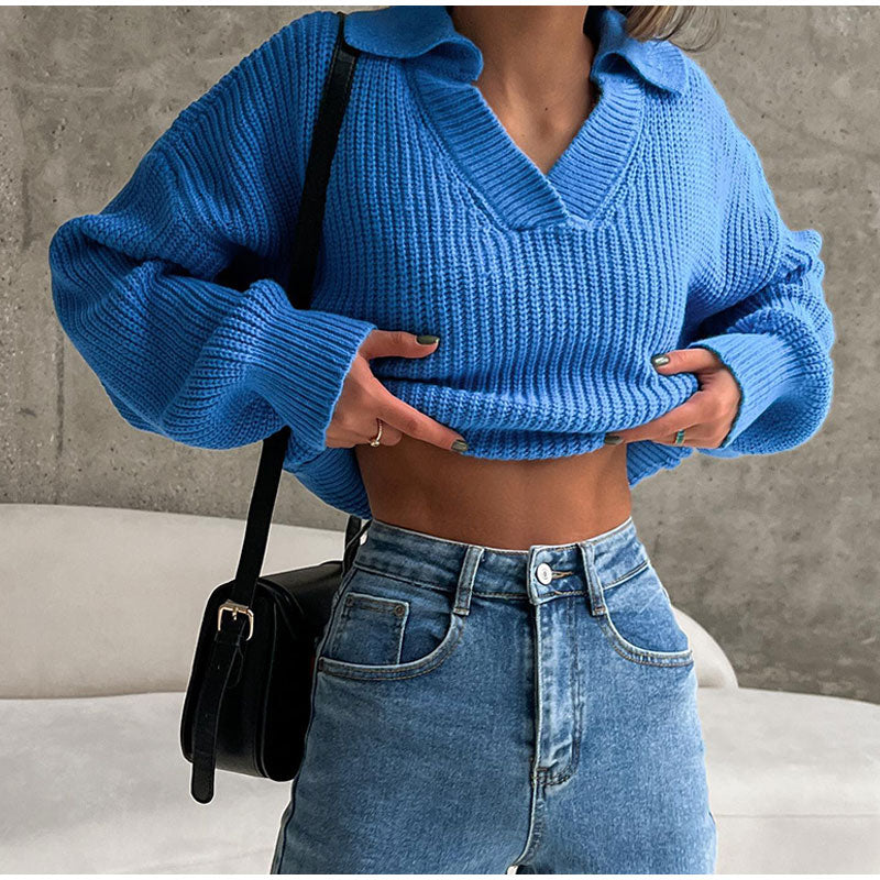 Damen Strickpullover mit Kragen und V-Ausschnitt