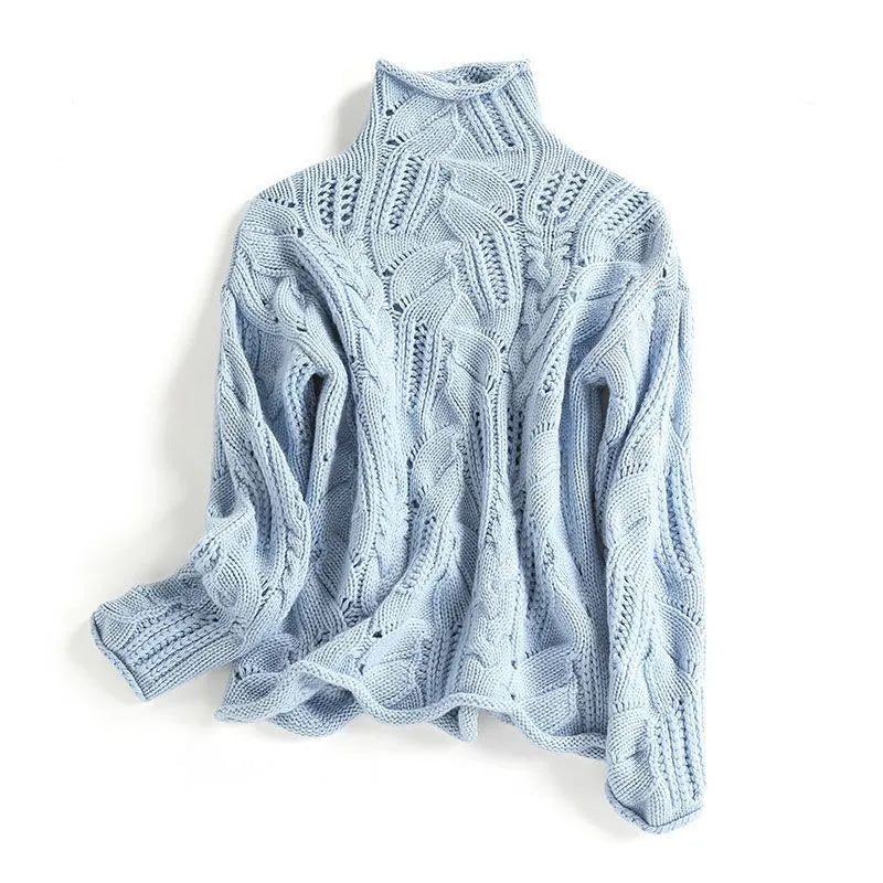 Damenpullover mit hohem Halsausschnitt und offenem Strickmuster