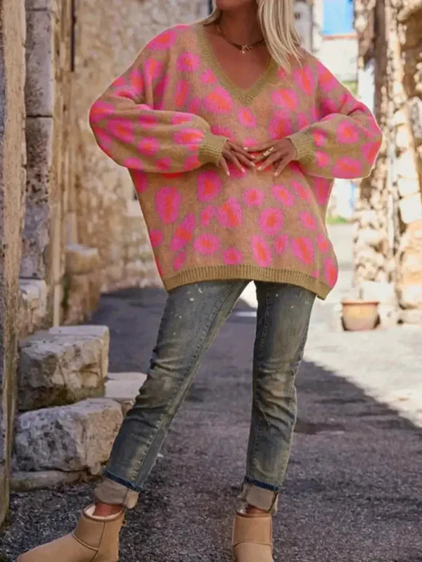 Übergroßer Jacquardstrickpullover für Damen mit V-Ausschnitt