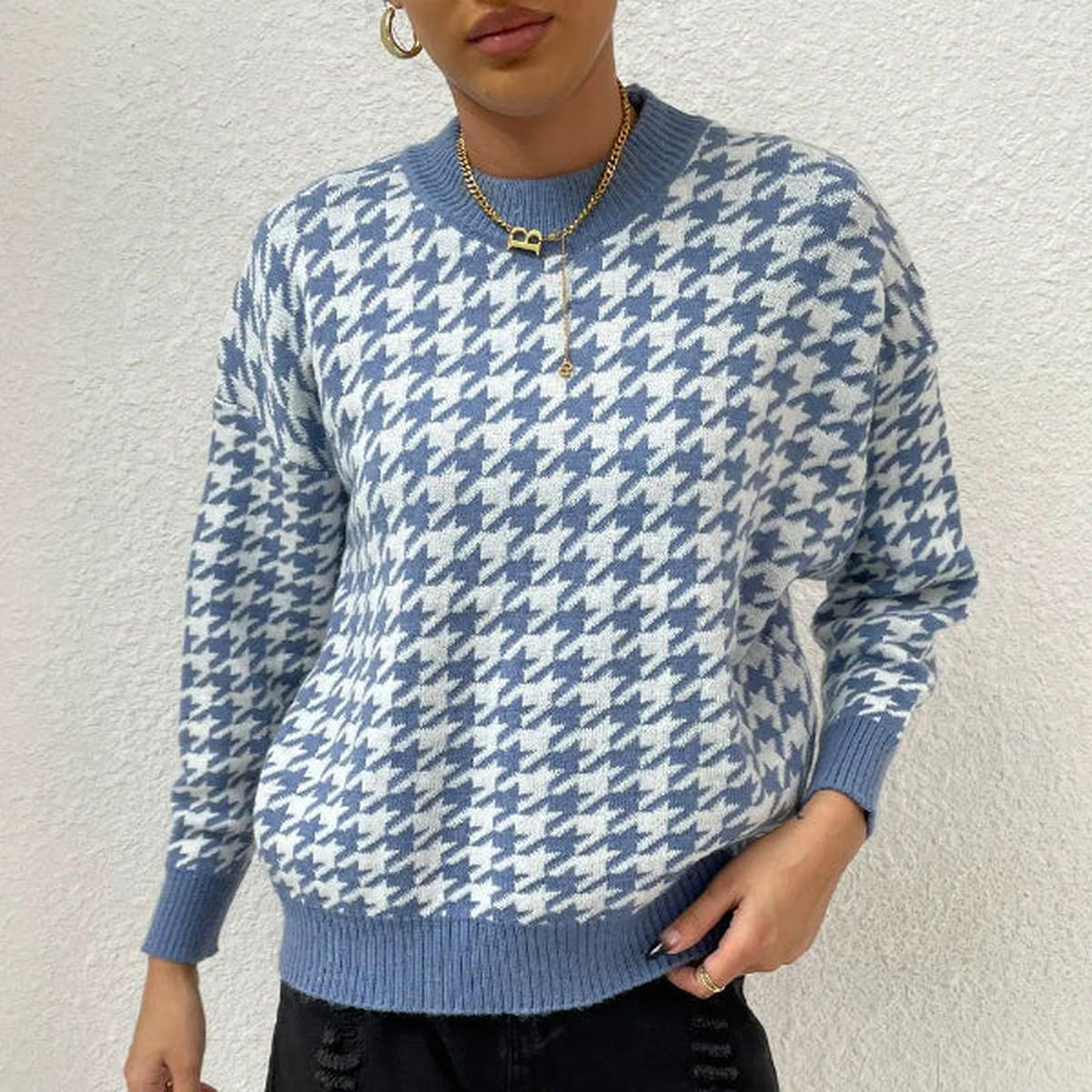 Damenpullover mit Hahnentrittmuster und lockerer Form