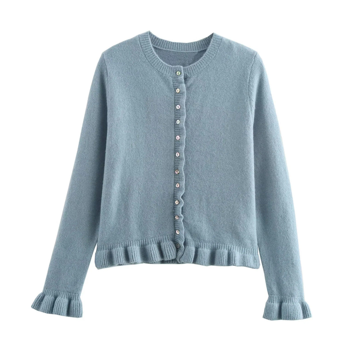 Damenstrickjacke mit Rüschenabschluss und Knopfleiste