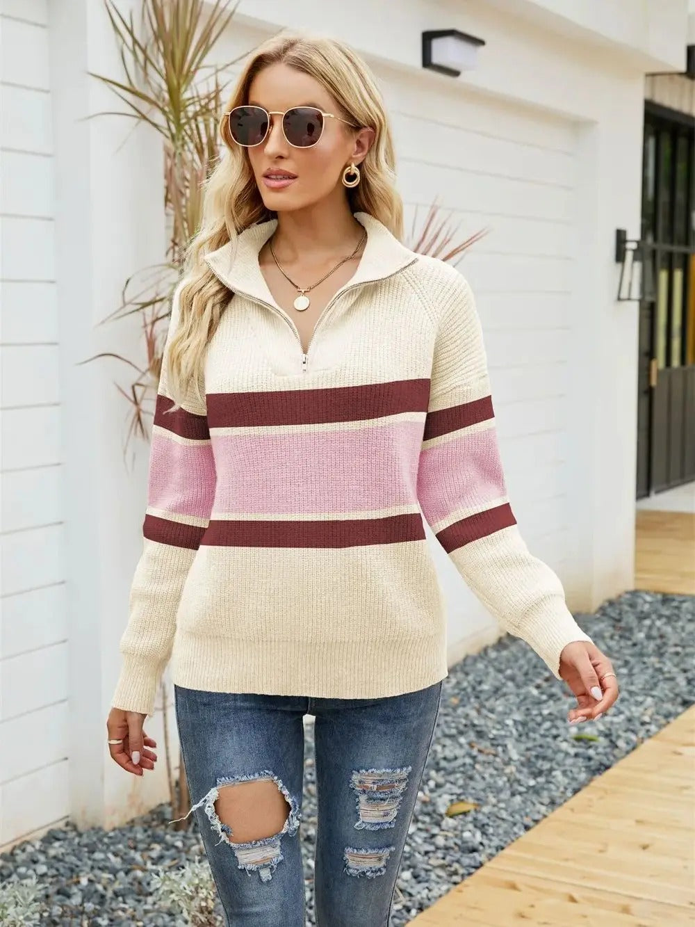 Damen Winterpullover mit Halbreißverschluss und geradem Schnitt