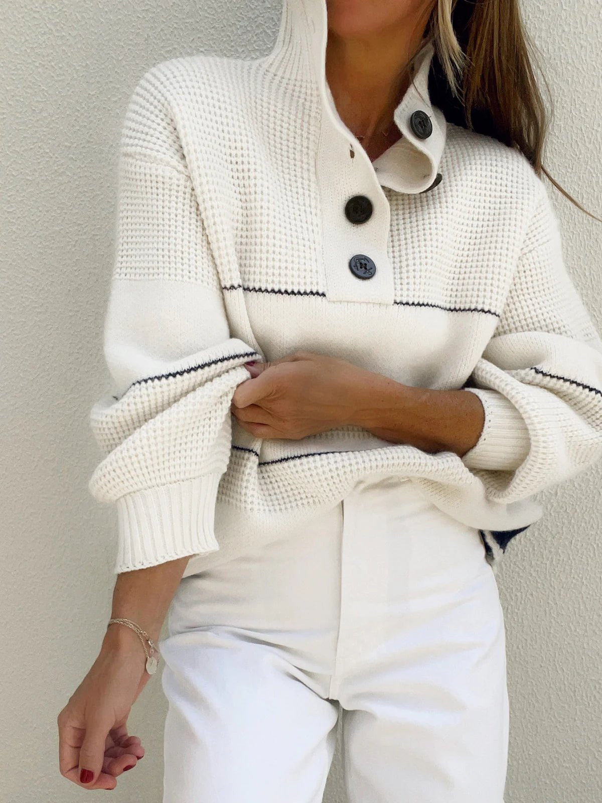 Damen Strickpullover mit Knopfleiste und Stehkragen