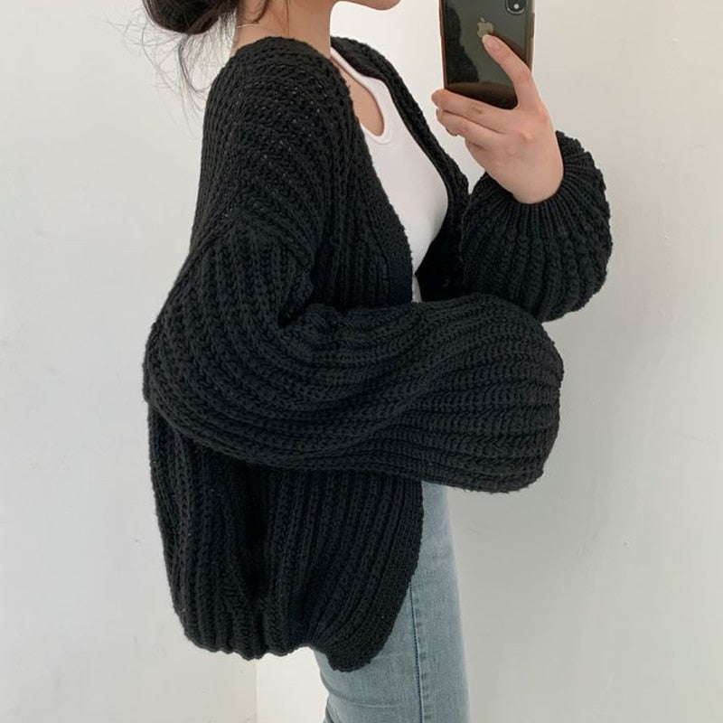 Damen Strickjacke mit Ballonärmeln und offenem Vorderteil