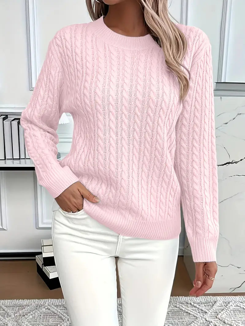 Damen Pullover aus Zopfstrick mit Rundhalsausschnitt und langen Ärmeln