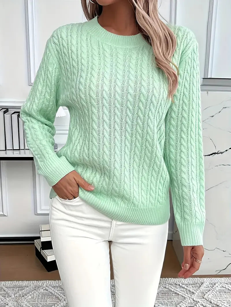Damen Pullover aus Zopfstrick mit Rundhalsausschnitt und langen Ärmeln