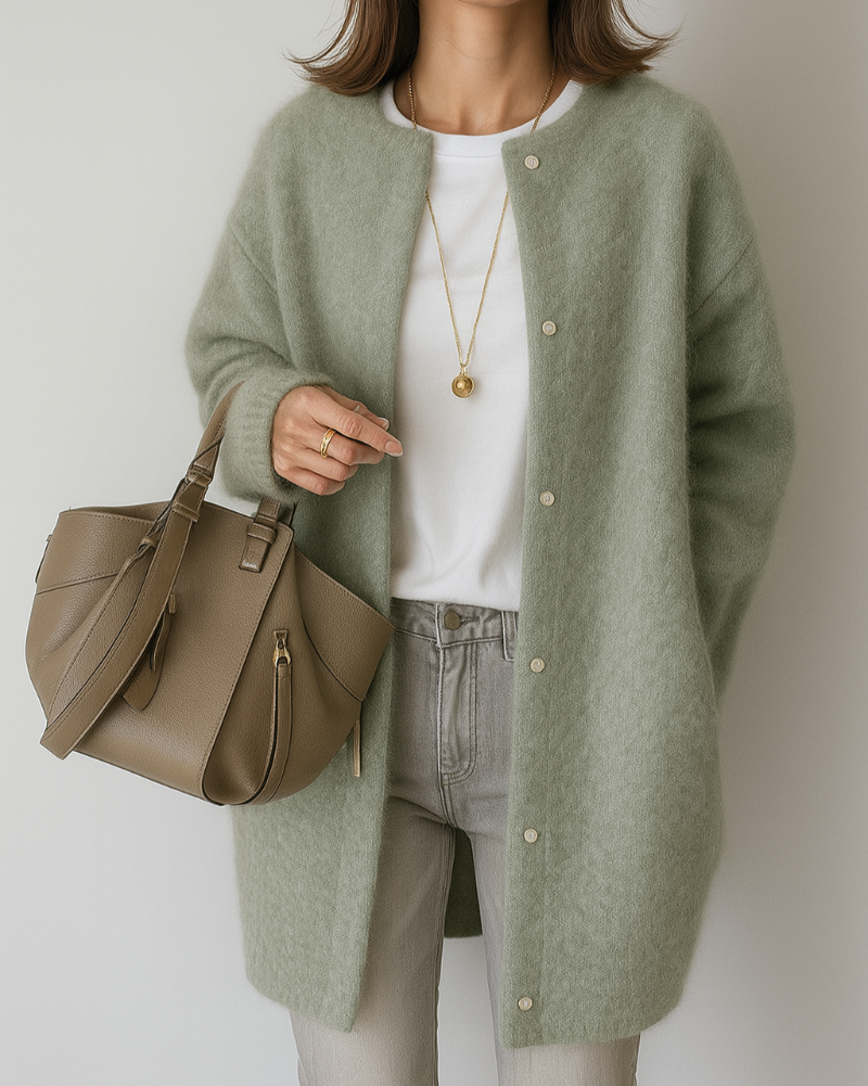 Damen Winter Strickjacke mit Rundhalsausschnitt und Knopfleiste