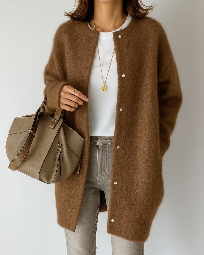 Damen Winter Strickjacke mit Rundhalsausschnitt und Knopfleiste