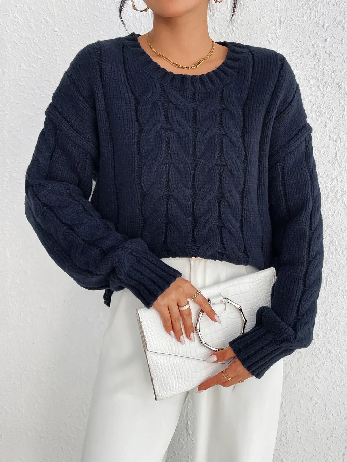 Damen Strickpullover mit Zopfmuster und lockerer Passform