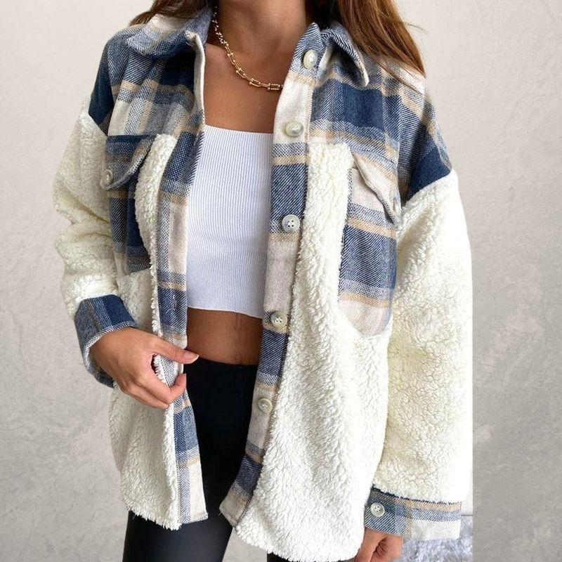 Weiche karierte Jacke aus Baumwolle mit Sherpa-Einsätzen für Damen