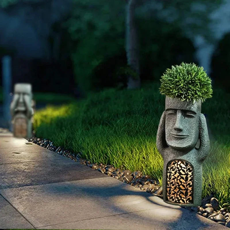 Exotischer LED-Blumentopf im Moai-Stil – Wetterfest mit Integrierter Beleuchtung-3