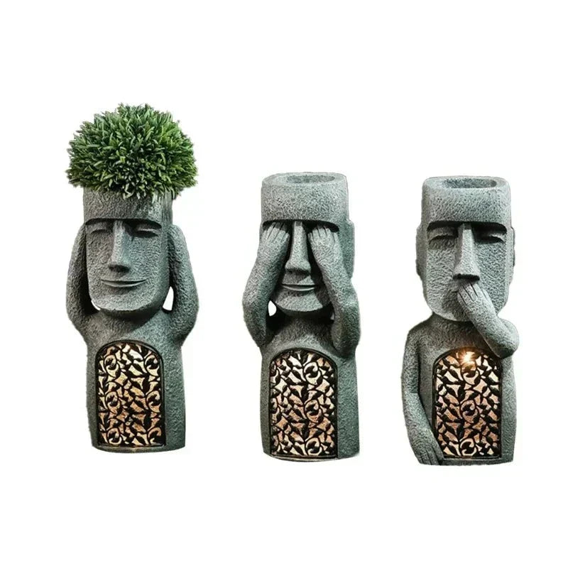 Exotischer LED-Blumentopf im Moai-Stil – Wetterfest mit Integrierter Beleuchtung-6