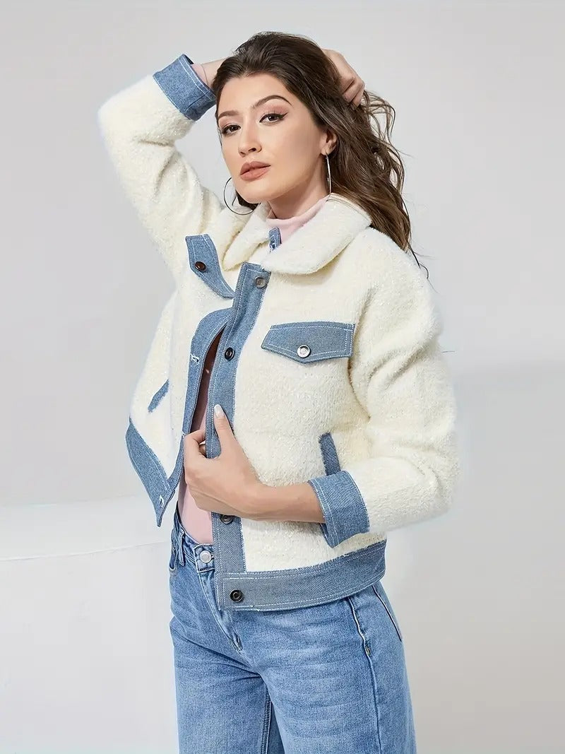 Damen Winterjacke mit Klappen-Element und Patchwork